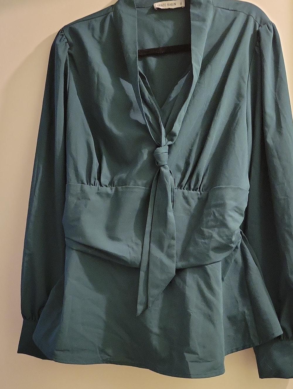 Grace Karin Dark Green Tie-Neck Blouse,with a cummerbund Like Waist.